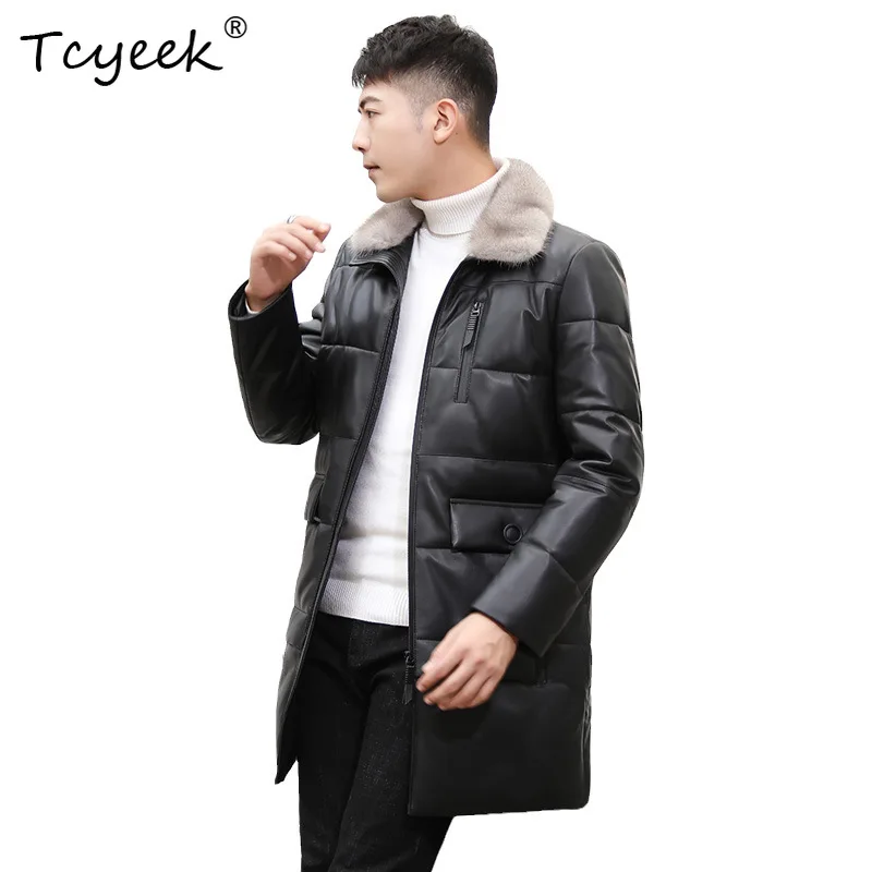 Tcyeek Real Sheepskin Puffer Jacket Mink Fur Collar Mid Length Men's Leather Jacket Winter Coats 2026 New Jackets for Man Куртки