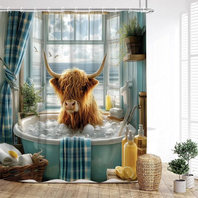 Funny Bathing Highland Cattle Shower Curtains Blue Bathtub Bath Curtain Window Ocean Landscape Bathroom Decoration with Hooks