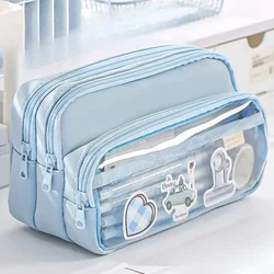 Bolsa de lápices de gran capacidad de 3 capas, papelería, estuche de bolígrafo de rejilla transparente estético, estuche de lápices con cremallera para niña, suministros escolares