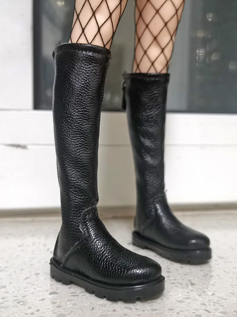 1/6 Female Mid High Boots Zipper Leather Long Boots Calf Hollow Shoes For 12