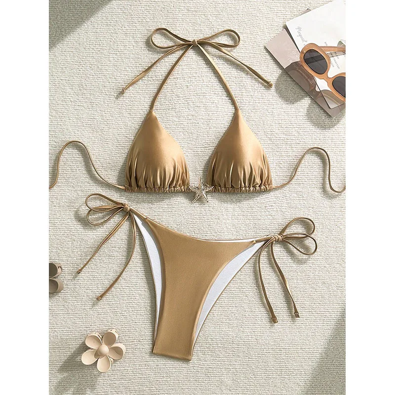 Damen-Bikini-Set aus goldenem Satin mit Seestern-Detail, Neckholder und seitlich gebundenen Trägern, Badeanzug, Strandmode