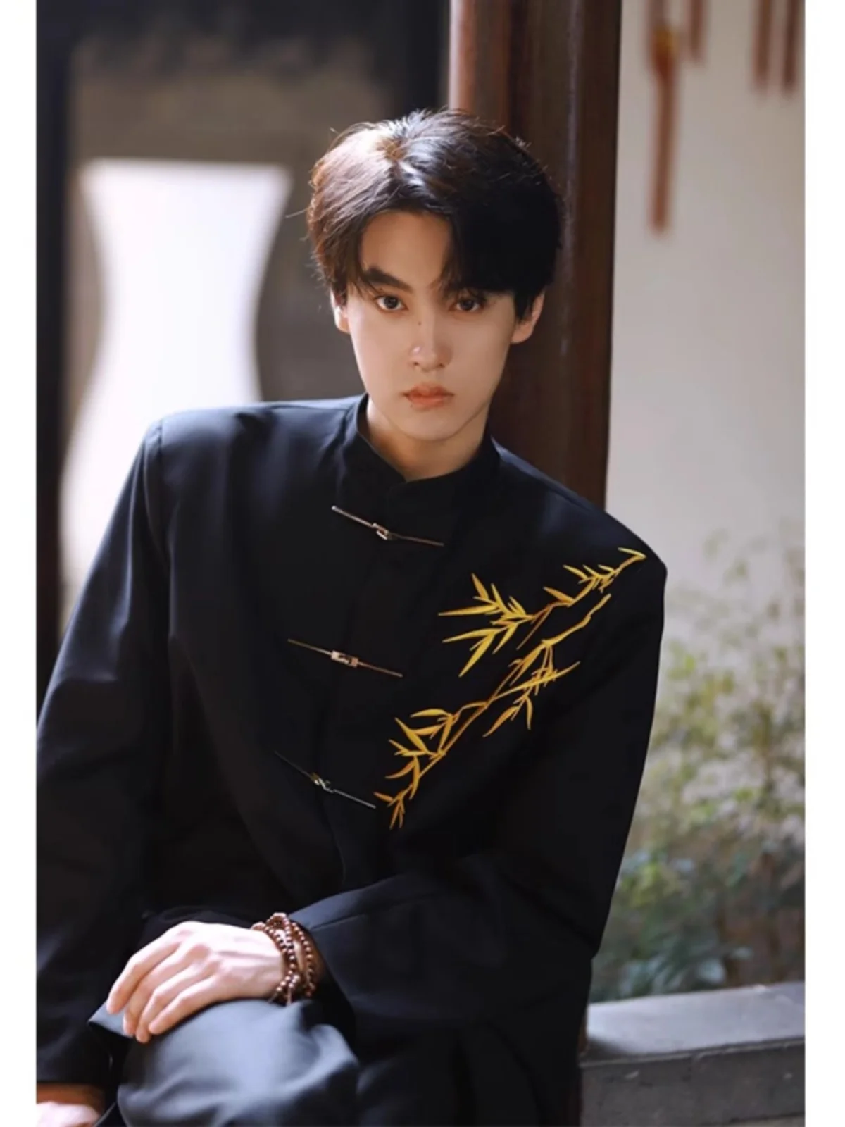 Extra Large Size Men's Shirt Chinese Style Stand Collar Embroidered Casual Suit Shirt Trendy Handsome Bamboo Pattern Spring Wear