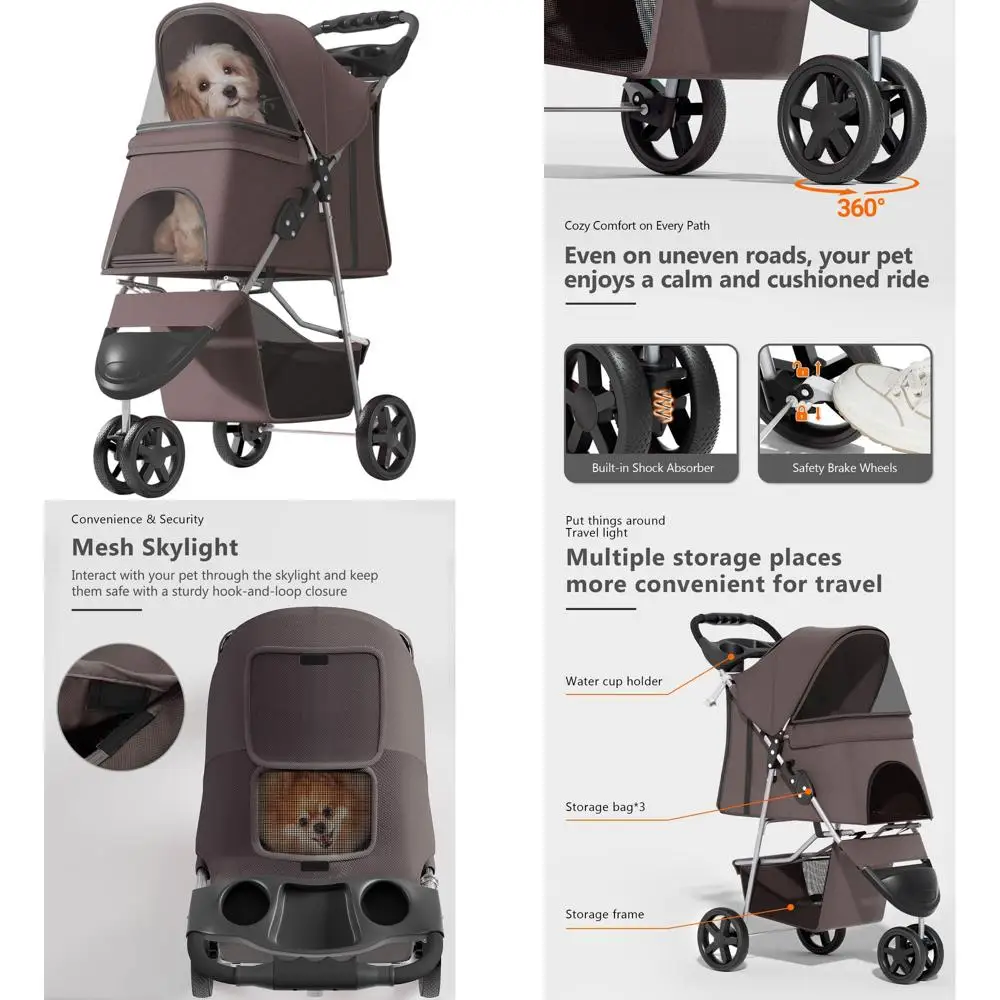 

3-Wheel Pet Stroller for Small/Medium Dogs & Cats, Portable Travel Carrier with Rear Brake, Storage Basket, Mesh Visibility, and