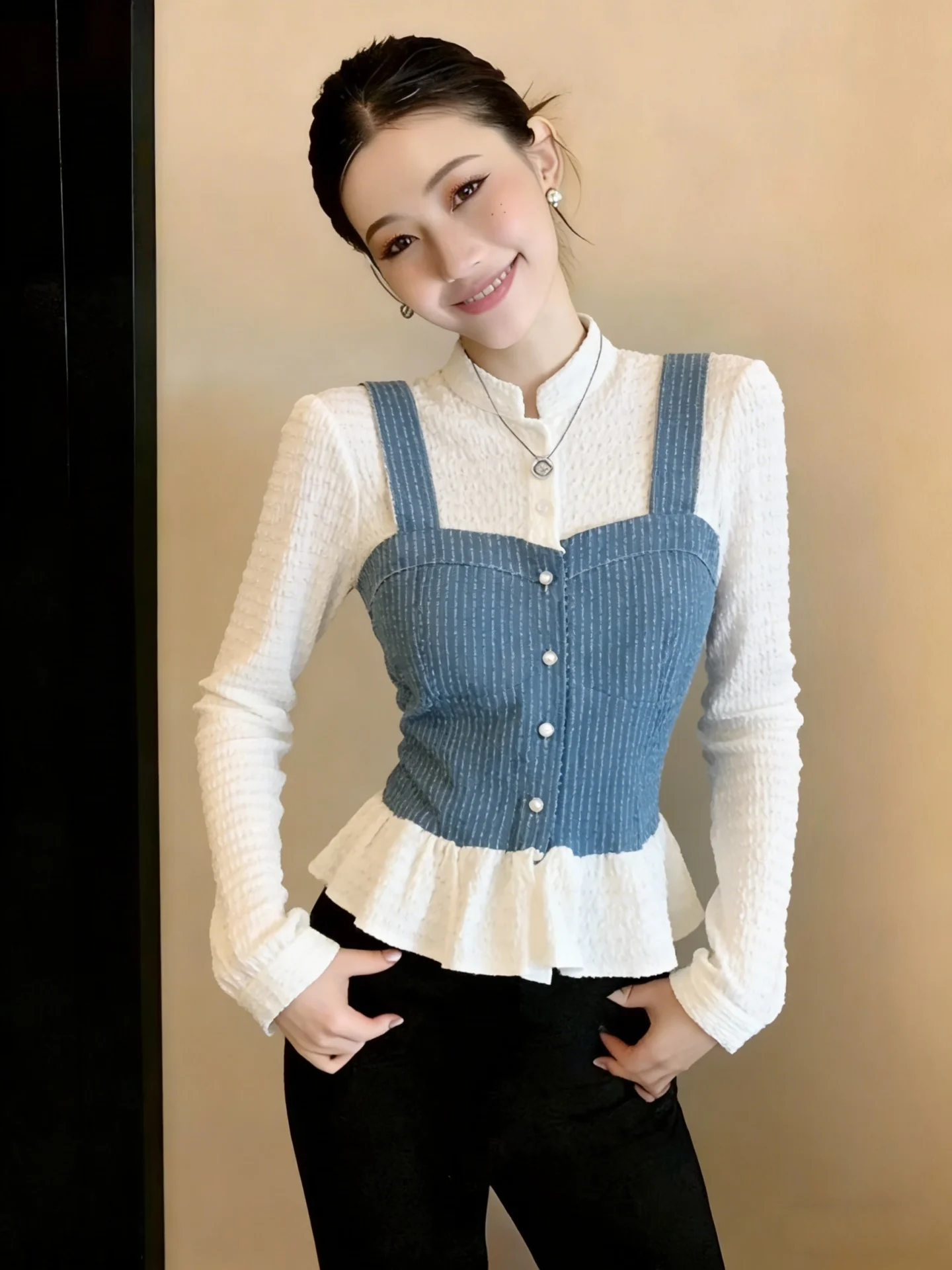 

French Style Slim Fit Long Sleeve Denim Patchwork Shirt Women's Spring 2026 New Design Sensation Lace Slimming Top