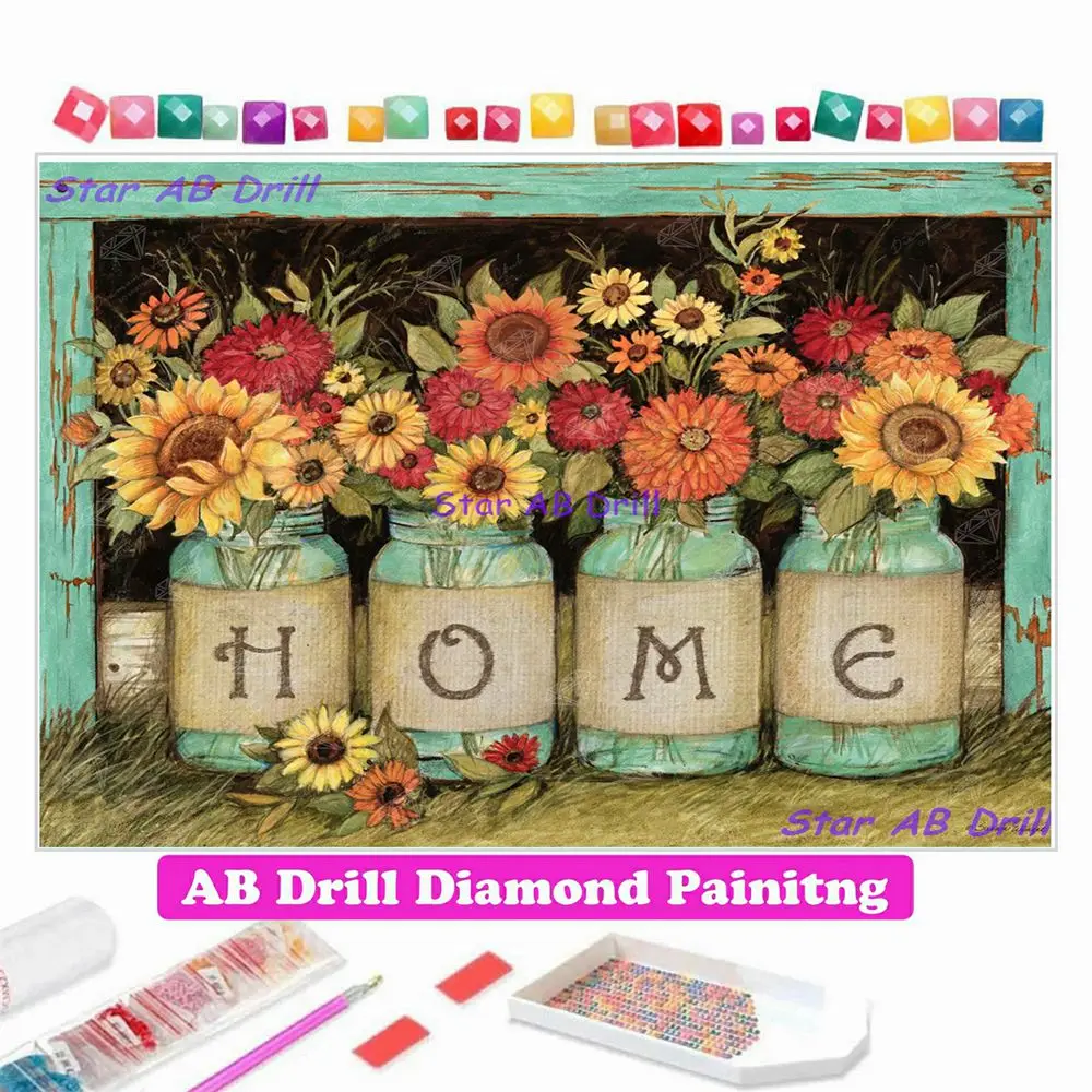 

Home Mason Jars AB Drill Full Diamond Mosaic Art Painting Kits New 2023 Flowers 5D DIY Cross Stitch Handicrafts Room Decor Gifts