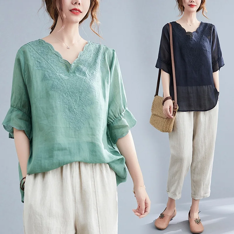 

Faionable Хлопково-льняной комплект из двух предметов ort Sve V-Ne Футболка с вышивкой Свободные брюки с манжетами Удобный летний наряд f...