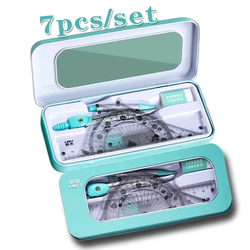 7pcs/set Compass and Ruler Sets Triangle Ruler Protractor Rubber Student Exam Specific Ruler Box Set Ruler Set School Starts