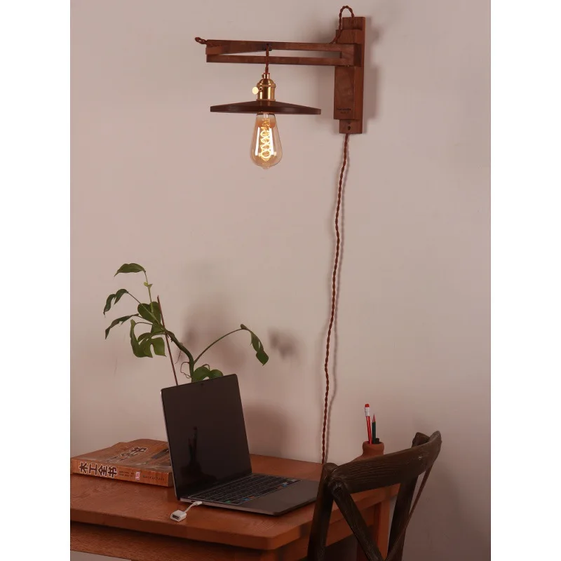 مصباح جداري قابل للطي من خشب الجوز الأسود لغرفة النوم بجانب السرير وغرفة المعيشة وديكور حائط الخلفية من الخشب الصلب #3