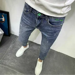 Spring Autumn Men's Luxury Clothing Slim Blue Ripped Embroidery Handsome Slim Skinny Streetwear 90s Tight Washed Classic Jeans