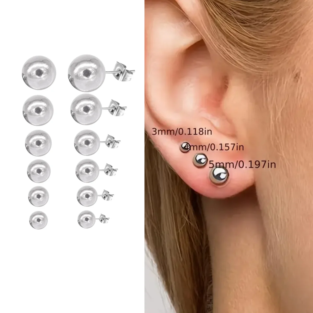 Classic 5pairs/Lots 3-4-5-6-7mm Round Ball Stud Earrings Set Silver Color Minimalist Male Female Titanium Steel Ears Piercing