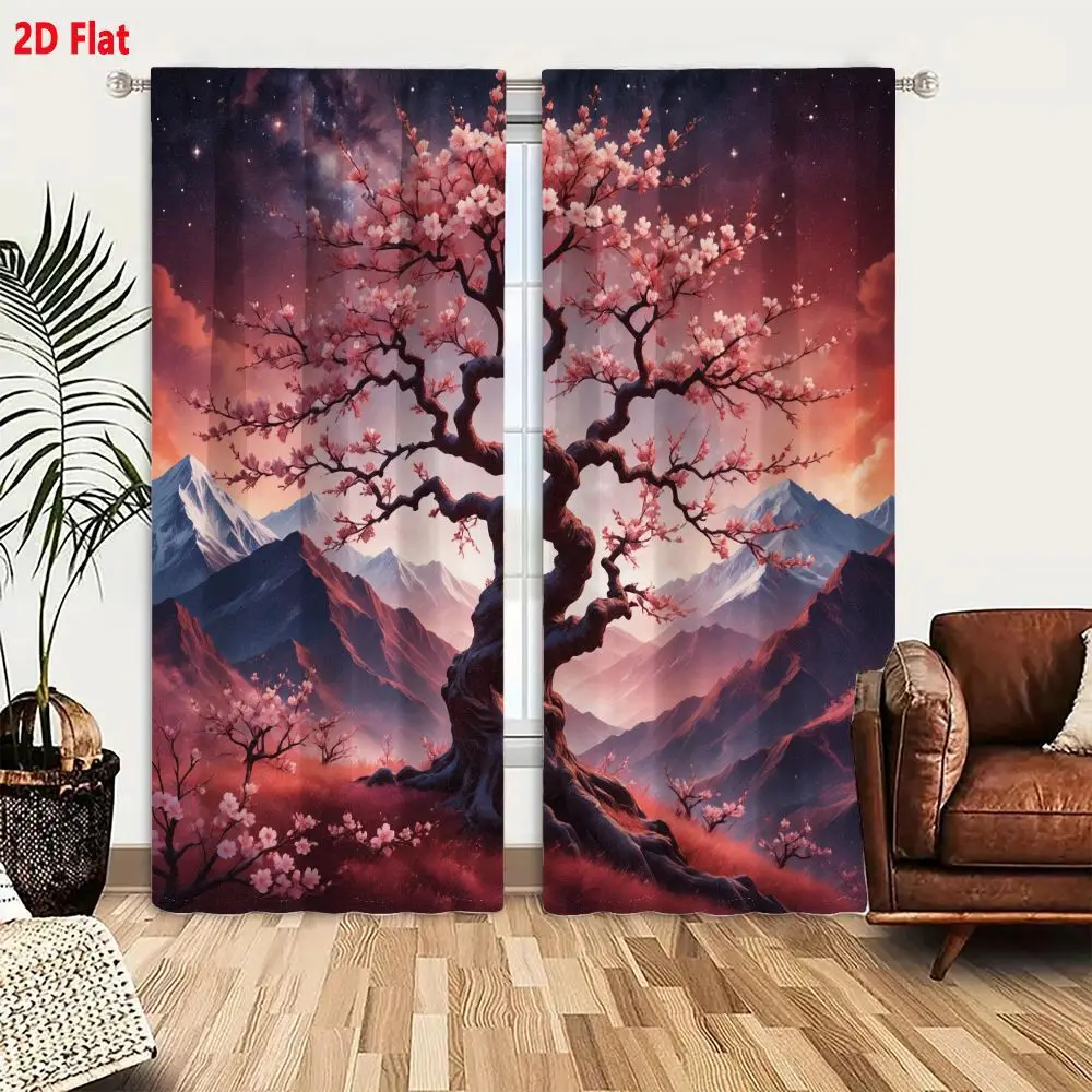 2Pcs Curtains 2D Flat Surreal Dreamlike Landscape With Large Twisted Bonsai Cherry Blossom Tree Snow Capped Mountains And Gradie