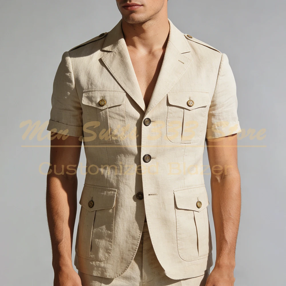 Tailor Made Linen Men's Suits 2026 Short Sleeve Slim Fit Blazer With Multiple Pocket High Quality Traveling 2 Piece Jacket Pants