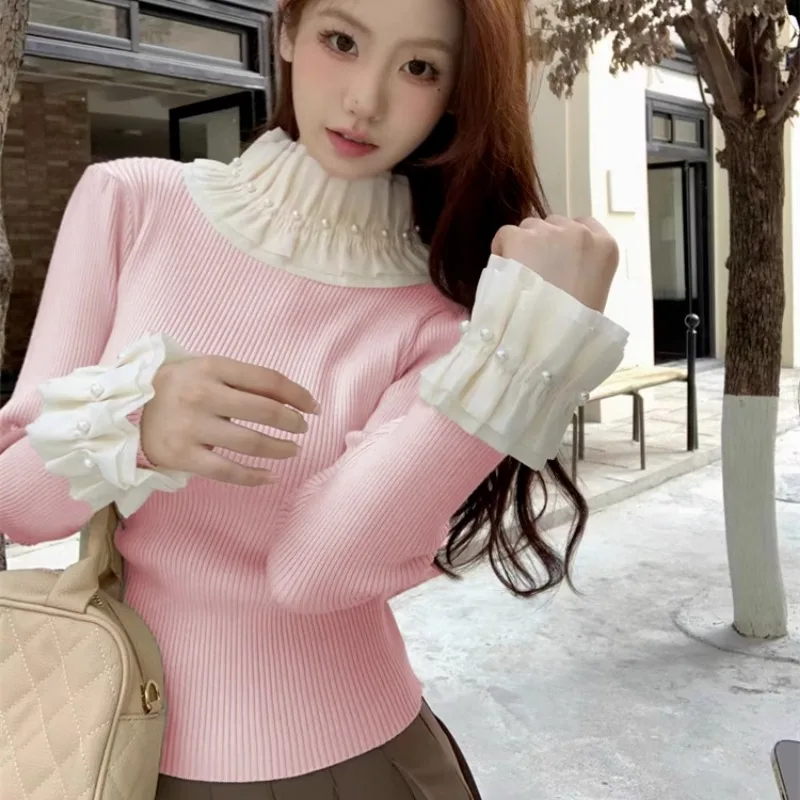 Kobiety Koreańska moda Ruffled Beaded Half High Collar Basic Knitted Sweater Autumn Winter Elegant Chic Long Sleeve Slim Pullovers