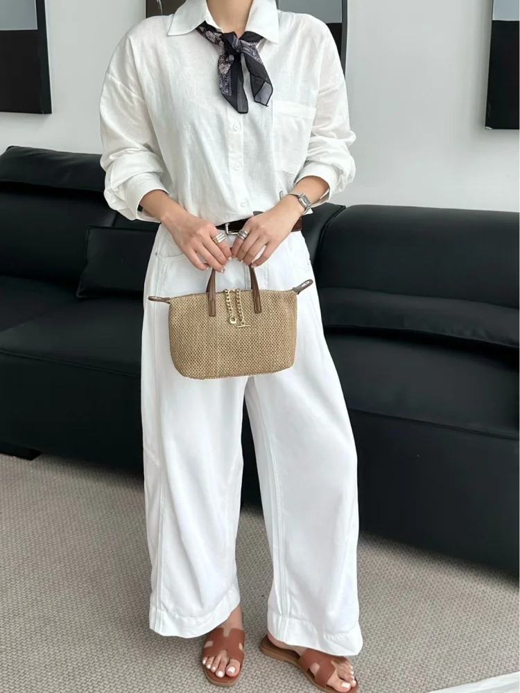 Casual Knitted Bag Denim Textured Handbag Fashionable Mesh Chain Pendant Crossbody Bag Vacation Style Underarm Shoulder Bag