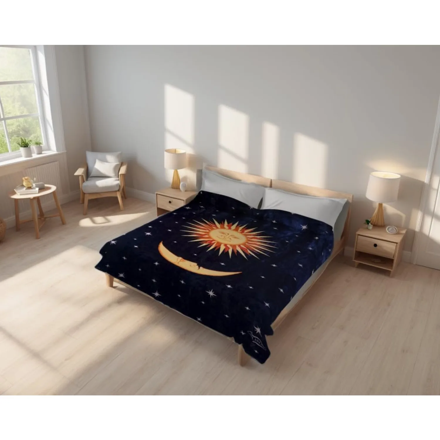 Mink Plush Korean Durable Blanket from Original Company (Blue Sun, Moon, Stars, Queen)