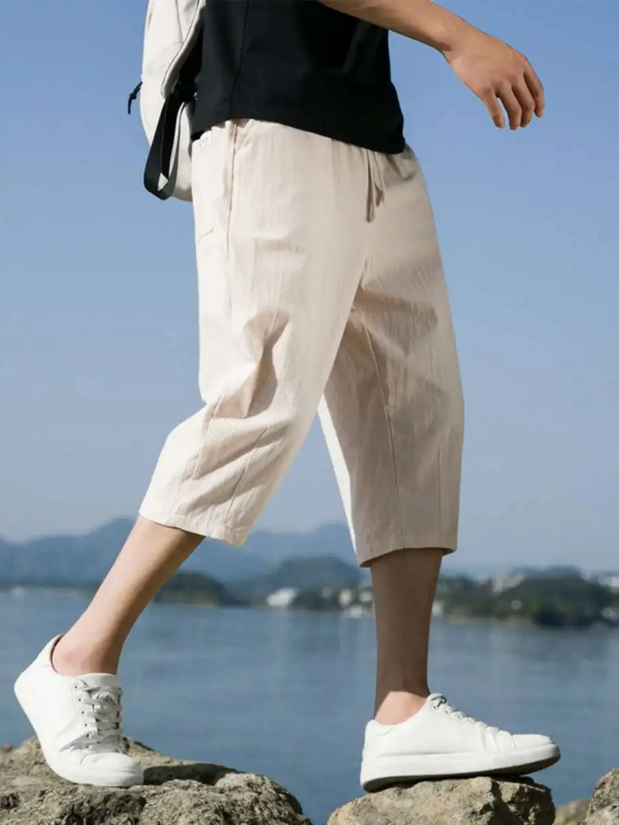

Новые летние повседневные мужские брюки из хлопка и льна, свободного кроя, в корейском стиле, модные, прямые, дышащие, удобные