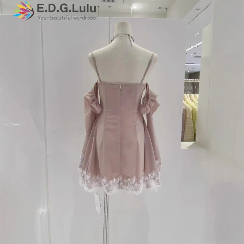 Edglulu design cetim retalhos renda mini vestido de festa mulher 2025 sem alças fora do ombro manga alargada vestido rosa 0821