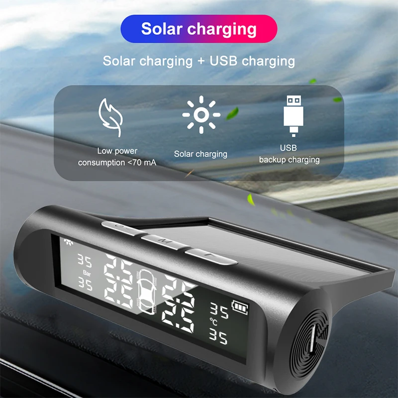 Gmai Solar Power TPMS Car Tire Pressure Alarm Monitor System Auto Security Alarm Systems Tyre Pressure Temperature Warning