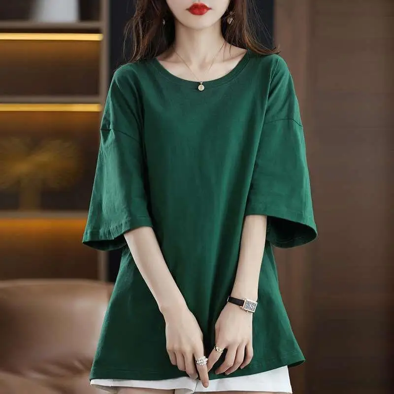 

Cotton White round Ne T-irt Women's Mid-Length Casual Sle oulder-Off Sve Five-Quarter Length aron Color