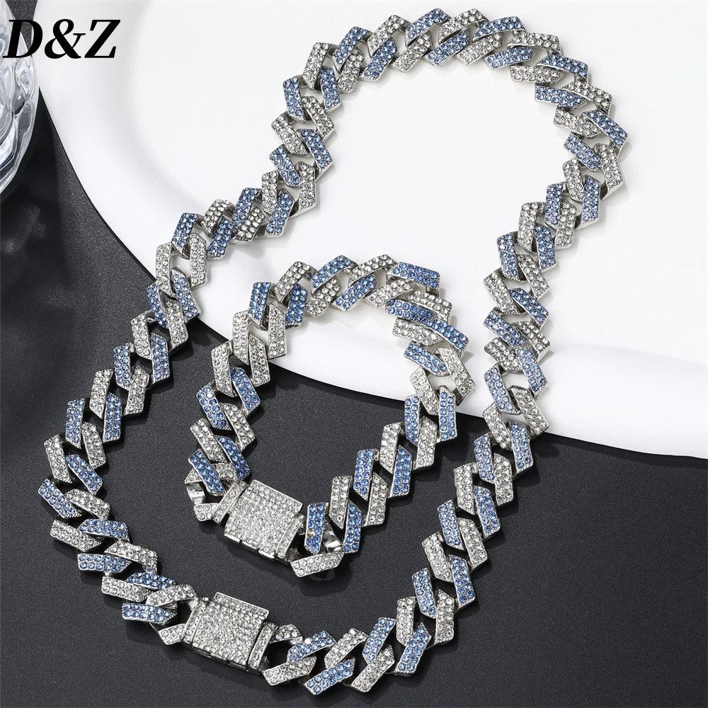 

D&Z Hip Pop Blue&White 2 Rows Crystal Rhombus Prong Cuban Link Bracelet Necklace For Men Silver Plated Alloy 15MM Rapper Jewelry