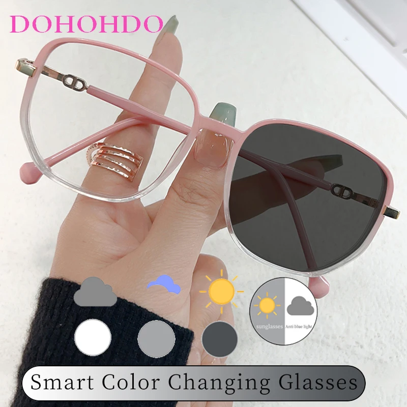 2024 Trendy Women Blue Blocking Glasses Square Sunglasses Photochromic Vintage Oversized Glasses Uv400 Eyeglasses Alloy Frame