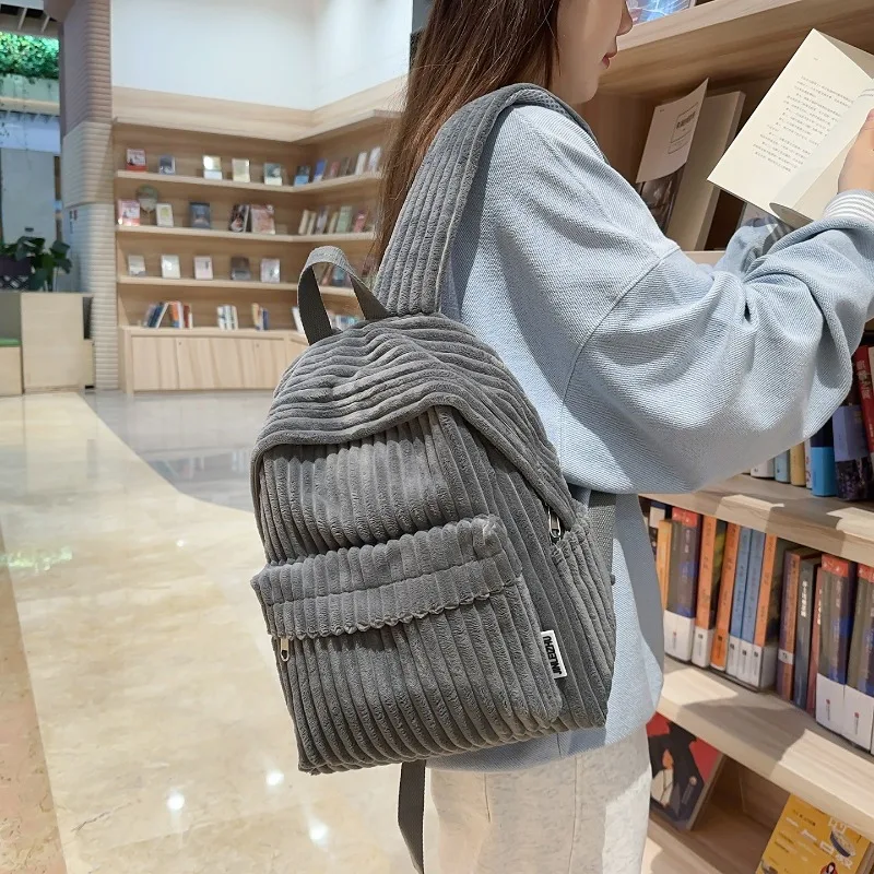 Retro Personality Corduroy Zipper Backpack Women Large Inner Pocket Design Winter Fashion Daily School Travel Shoulder Rucksack