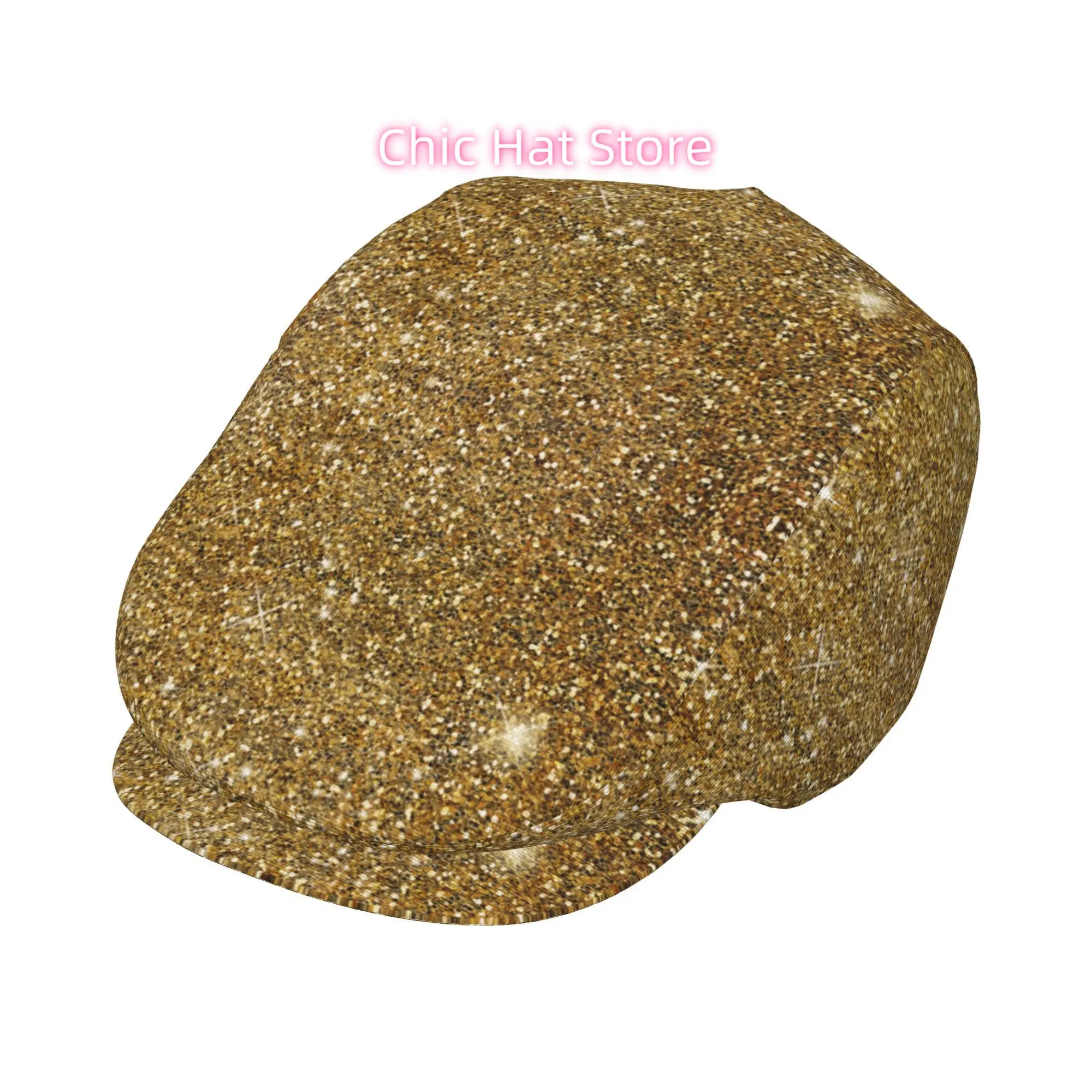 1pc Golden Glitter Sparkle Glittery Sparkly All-Over Print Flat-Top Hats for Men And Women, Newsboy Caps, Berets, Irish Hats, Dr