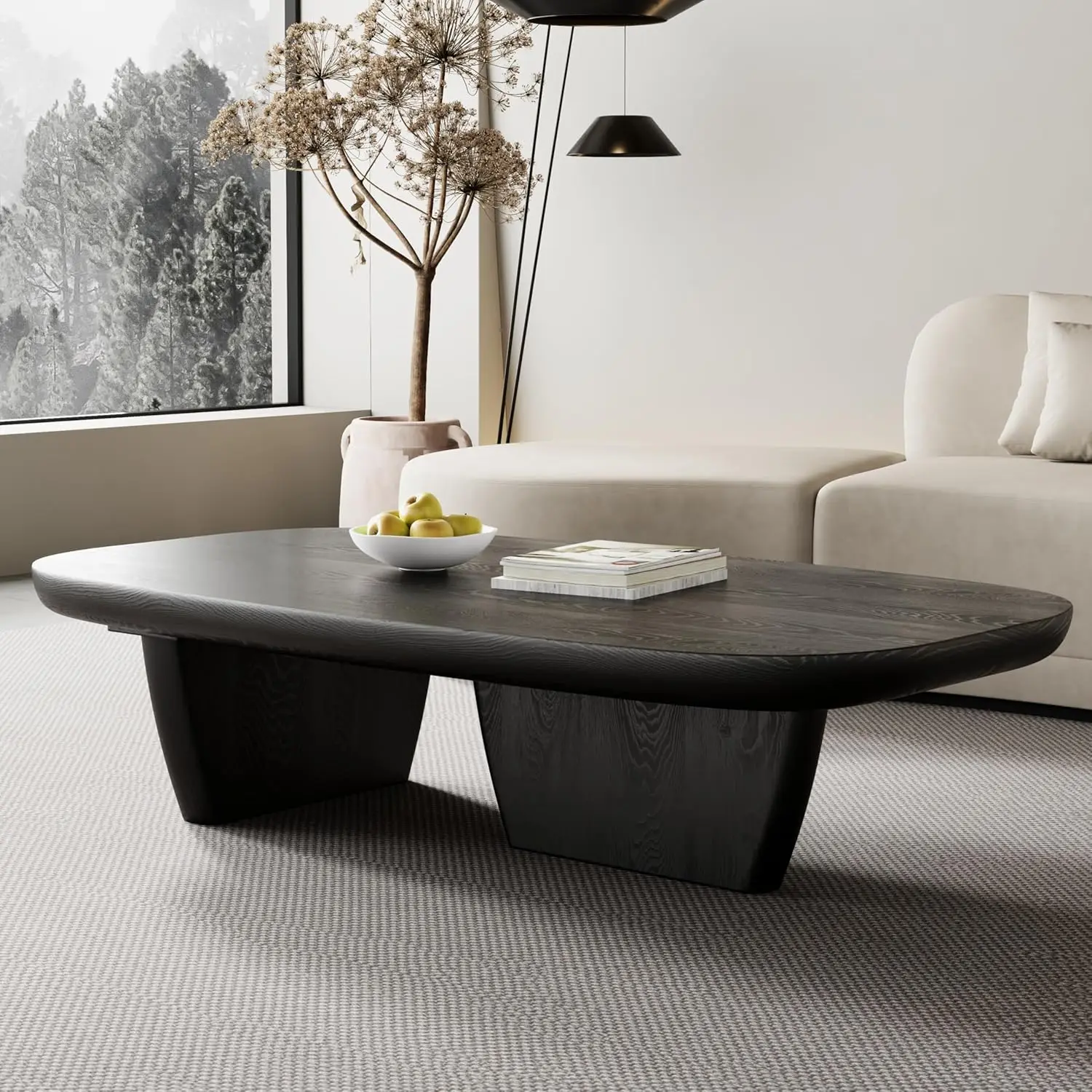

Modern Wood Coffee Table for Living Room, 51.2" Black Rectangle Coffee Table with 2 Unique Legs, Center Table for Living Room Ta