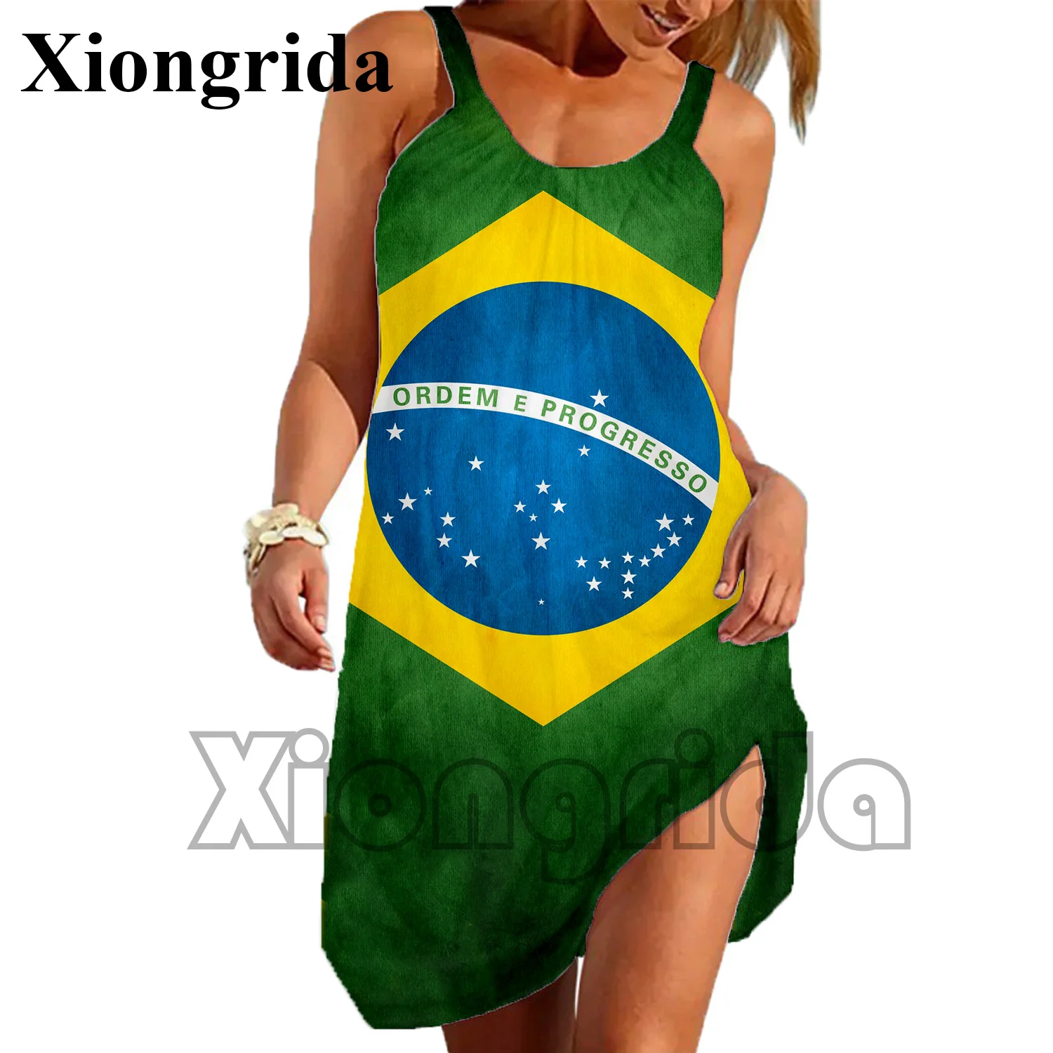 

Casual Brazil Flag Dress Women Loose 3D Printed Sleeveless Spaghetti Strap Dress Summer Fashion Midi Sundress Beach Dresses