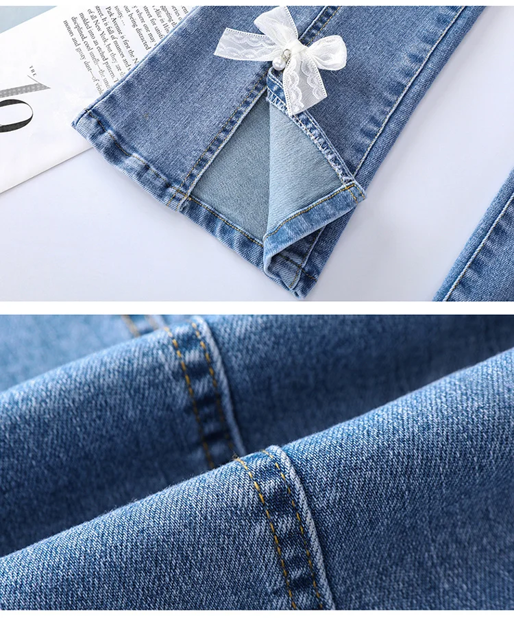 Elegante Kinder-Jeans mit Schlitz und Perlen für Mädchen, schmal geschnittene Denim-Hose mit Schleife, Kinderhose mit Schleife, Größe 5 6 7 8 9 10 11 12 13 14 – Detail 21