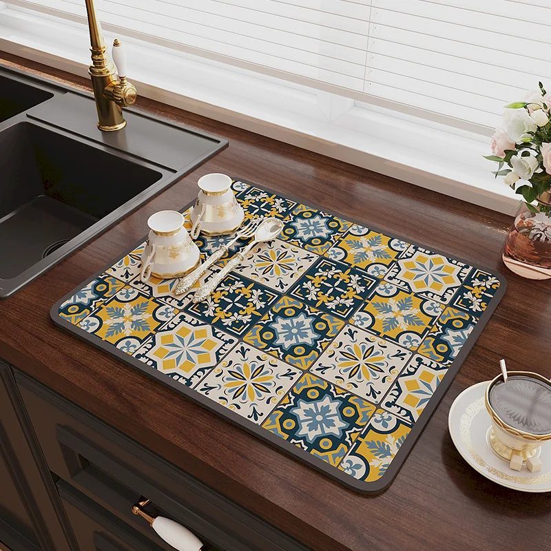 VIKAMA Retro Moroccan Ceramic Tile Pattern Drainage Pad Water Absorbing Anti slip Tabletop Pad Coffee Machine Home Decoration
