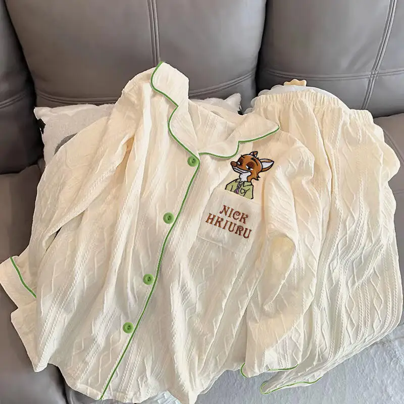 

2Pcs Judy Nick Pattern Embroidered Long Sleeve Pajama Set Autumn Kawaii Anime Accessories Cotton Cardigan Home Clothes Gift