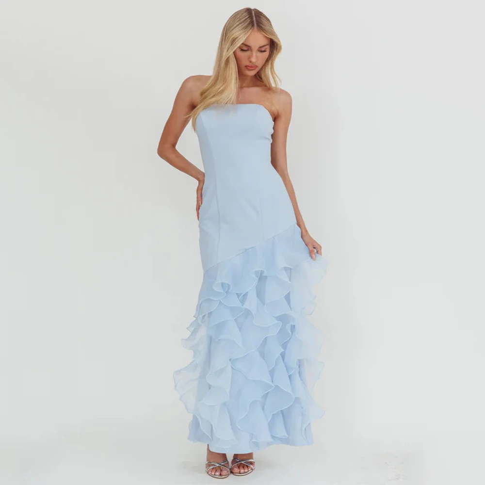

Dream Classic Evening Dresses Organza for Floor-Length Strapless Sleeveless Prom Dress Tiered Vestidos De Fiesta Customized