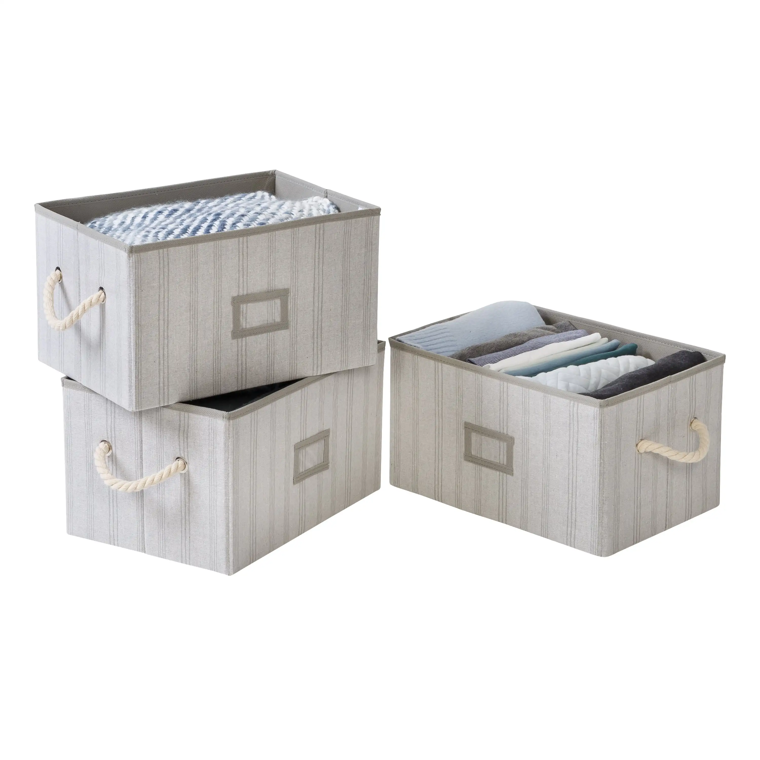 

Set of 3 Folding Large Fabric Storage Bins with Handles, Gray Stripes