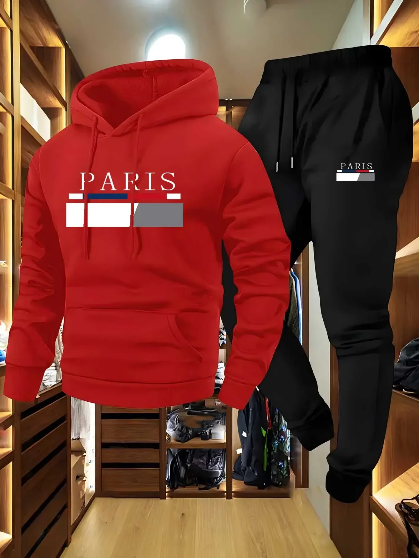 A 2-piece Men's "Paris" Letter-printed Comfortable Pullover Hoodie and Sweatpants Set Is Suitable for Spring and Autumn