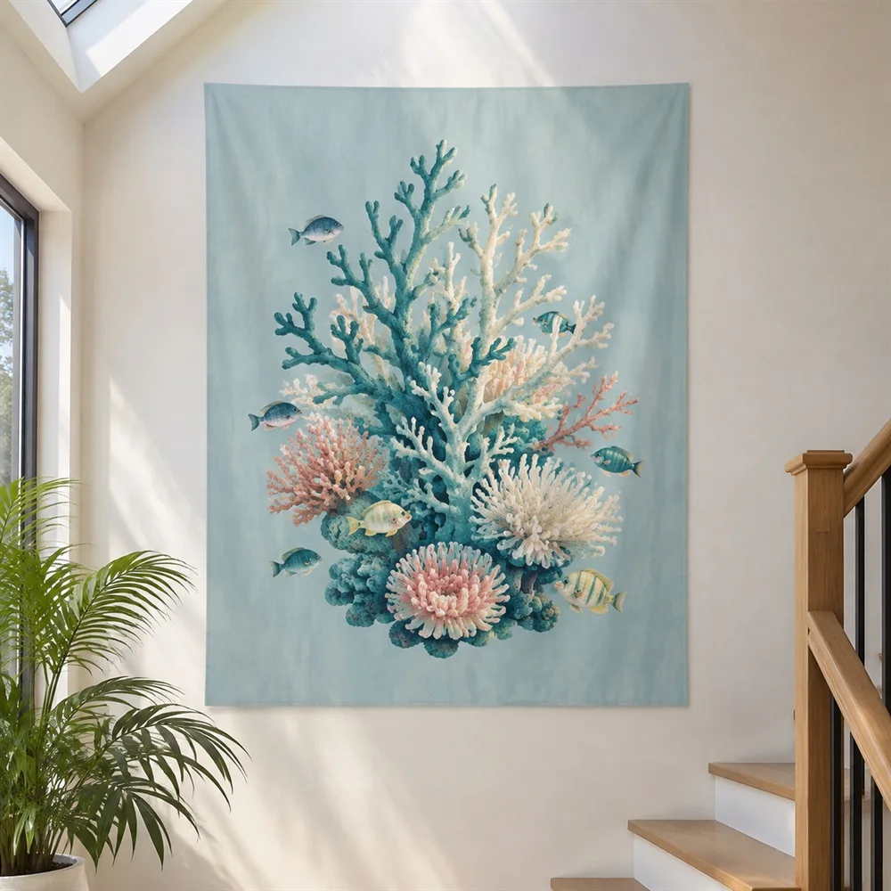 VIKAMA Coral Reef Tapestry Wall Hanging, Underwater Sea Wall Art, Coastal Decor for Bedroom Bathroom Living Room Kids Room