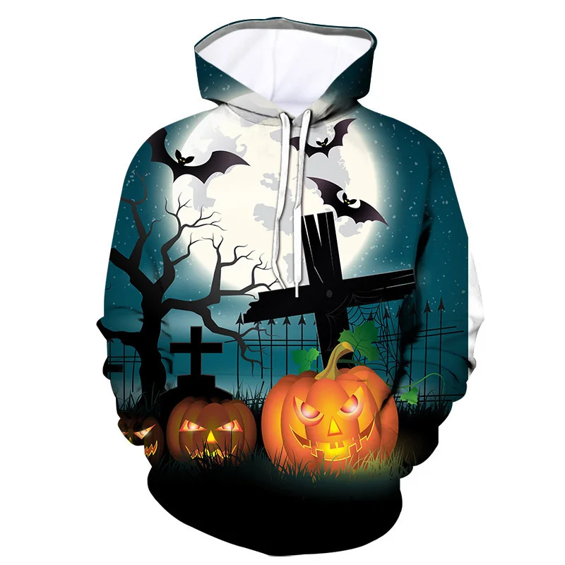 3D Printed Funny Halloween Hoodies For Men Bat Pumpkin Graphic Pullovers Casual Hooded Oversized Tops Sweatshirts Long Sleeves