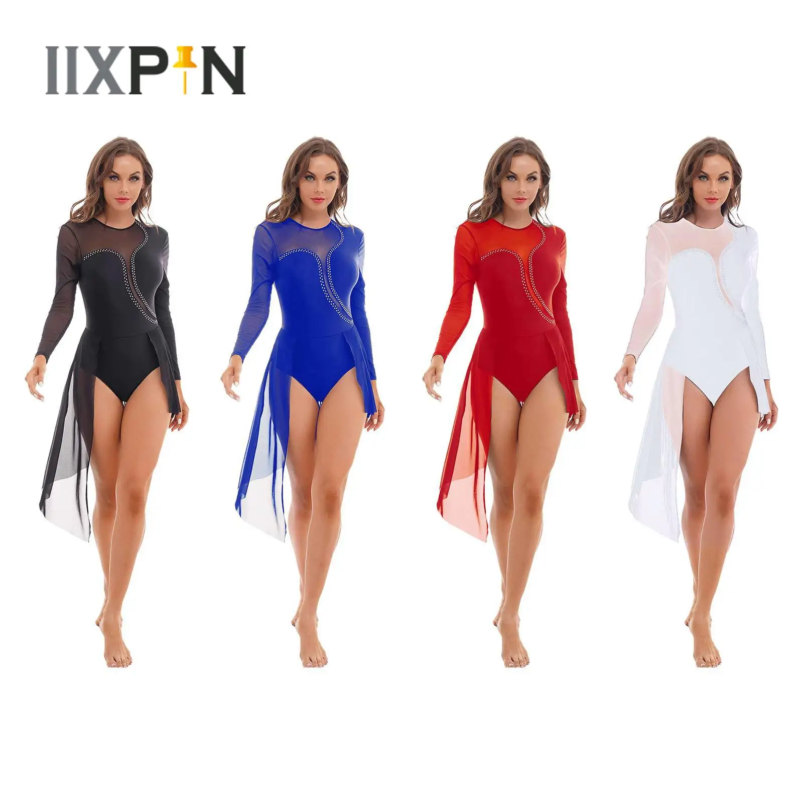 Womens Lyrical Dance Dress Shiny Sheer Mesh Long Sleeve Figure Ice Skating Costume Ballet Dance Gymnastics Competition Leotard