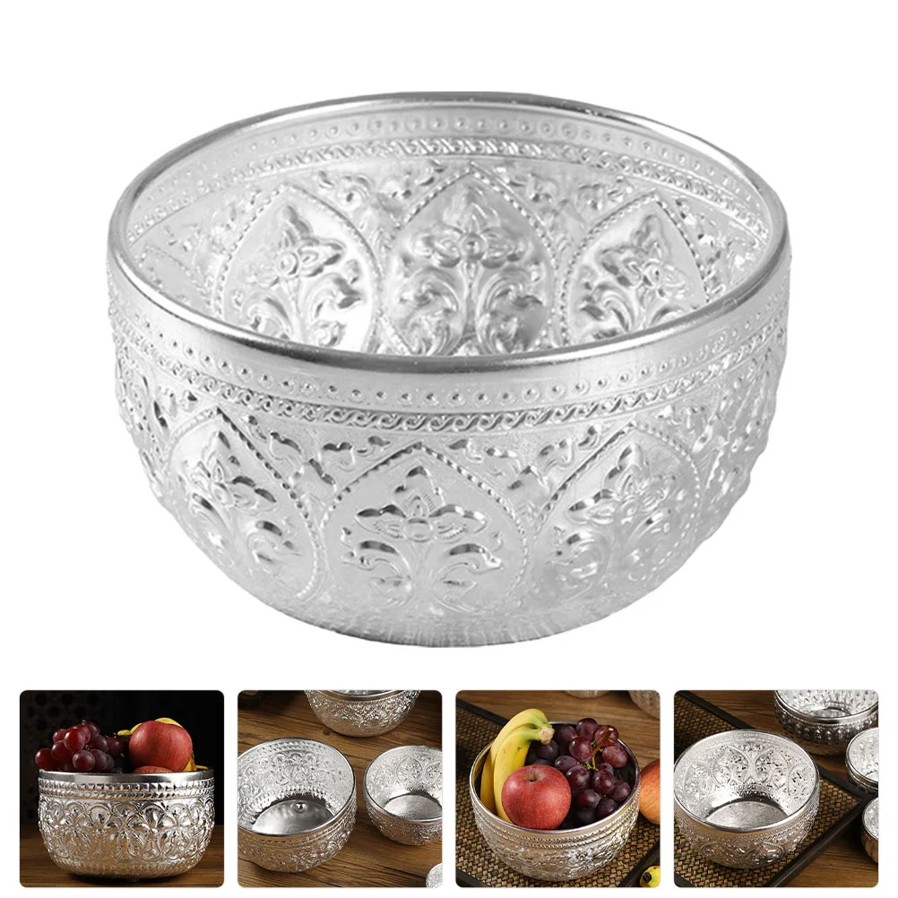 

Essential Oil Thai Bowl Salad Serving Aluminum Fruit Water Carved Tin Silver Rice