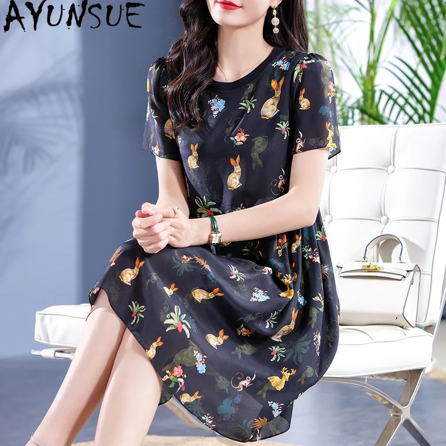 AYUNSUE 100% Mulberry Silk Women's Dresse Print Elegant Dress Woman Clothes High Quality Summer New in Dresses Vestidos De Mujer