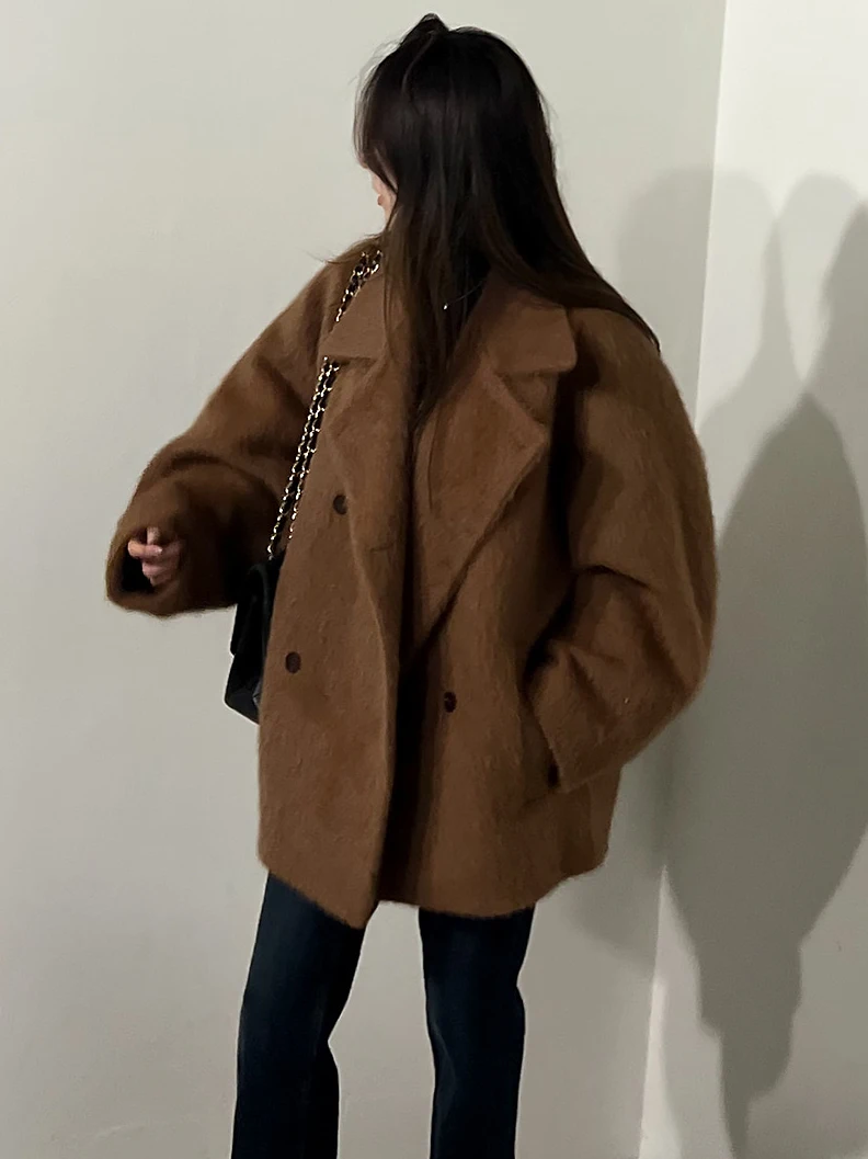 Casaco de lã retrô Briti Sle Thiened feminino solto lapela trespassado Faionable e Sli