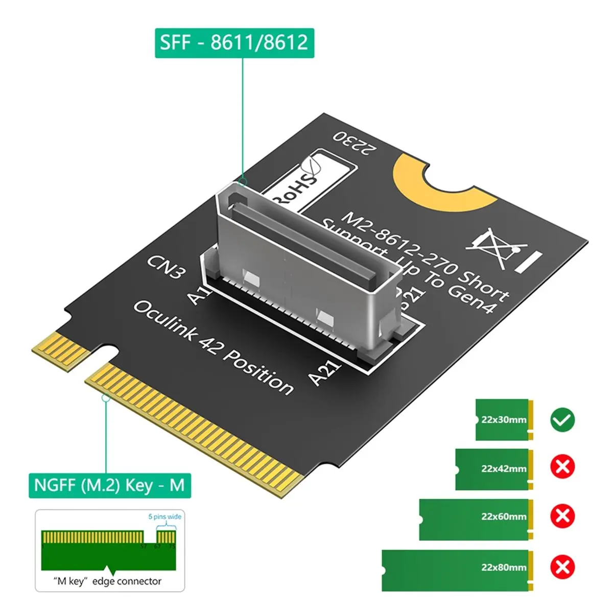 Adaptador M.2 Nvme Key M a SFF-8612, NVMe PCI-E 4.0 X4 a OcuLink SFF-8612 4i Adaptador de host para SSD y EGPU A