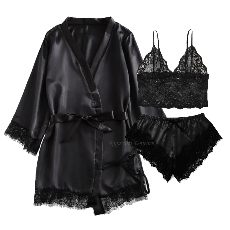 Black Sexy Women\'s Pajamas Satin 4-piece Lace Silk Suspender Tops Shorts Robe Pajamas Set Nightgown Underwear Nightdress Suit