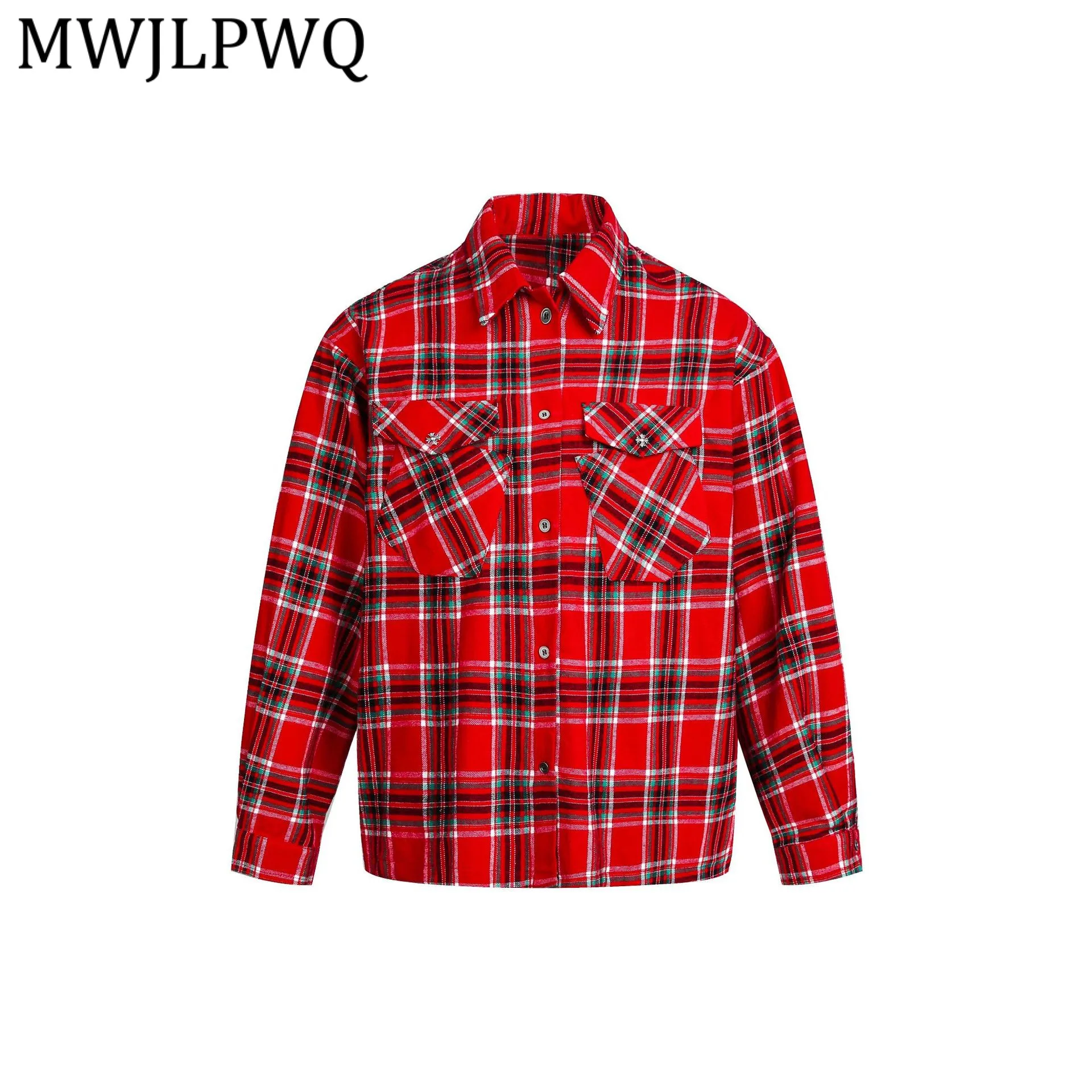 

MWJLPWQ American Street Plaid Embroidered Design Shirt For Men Lapel Long Sleeve Fashion Casual Loose Tops 2026 Spring New 13404