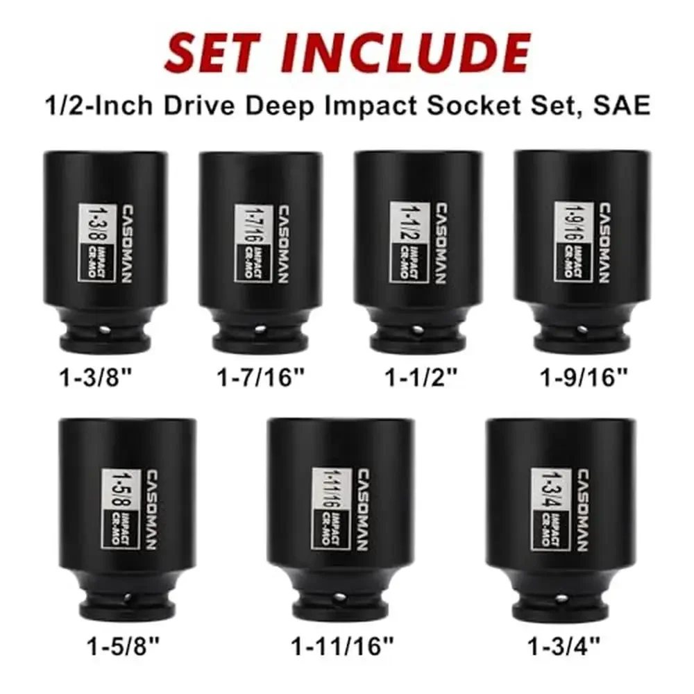 1/2-Inch Drive Deep Spindle Axle Nut Impact Socket Set High-Torque 6-Point 1-3/8-Inch to 1-3/4-Inch 7PC with Blow Molded Case