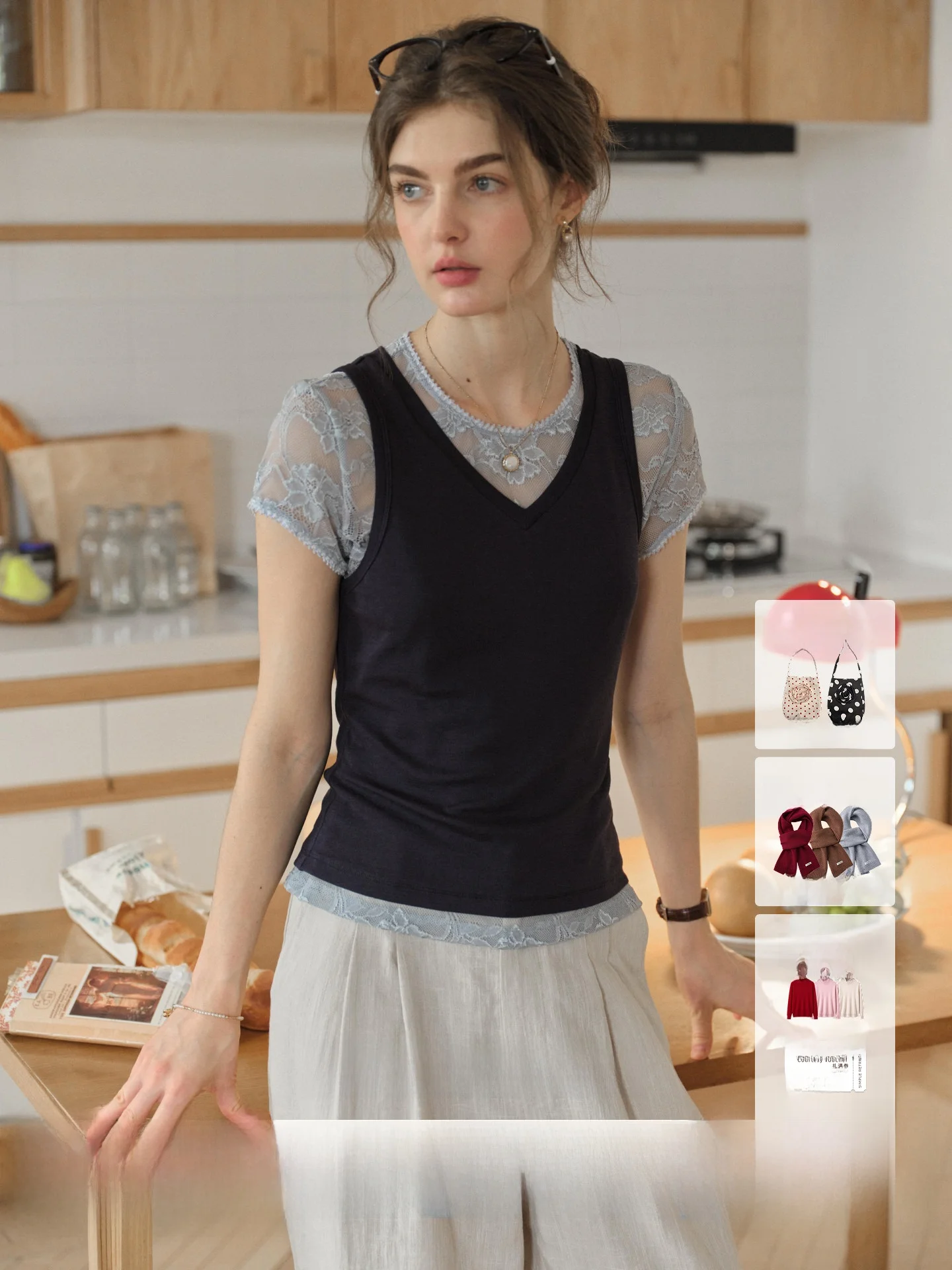 SimpleRetro Blue Tone Lace Knitted Wool Blend Tank Top Two-Piece Set French Style Low Waist Slim Fit Short Sleeve V-Neck T-Shirt