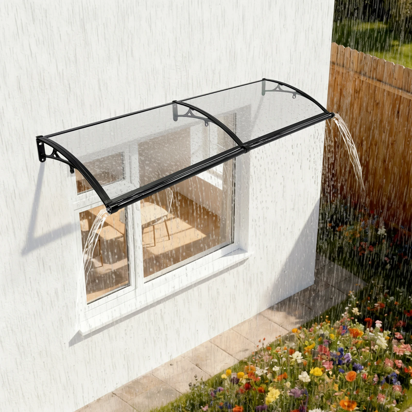 

Canopy Awning Shelter 200x60cm Arch Clear Transparent Rain Cover with Drainage Channel Black Frame Aluminum Alloy 440.92Lbs Load Capacity Waterproof UV Protection Snow Rain Hail for Patio Door Window