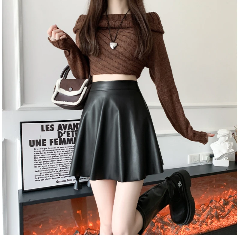 Womens PU Leather Slim Skirt High-waisted Versatile Female Fashion New Autumn and Winter Big Yards