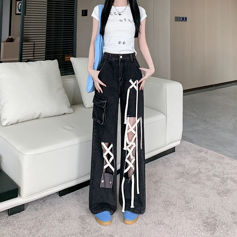 

Aesthetic Style Harajuku 2025 Spring Vintage Jeans Y2K Punk Street Baggy Denim Trouser Women's Casual Mop Full Length Pants