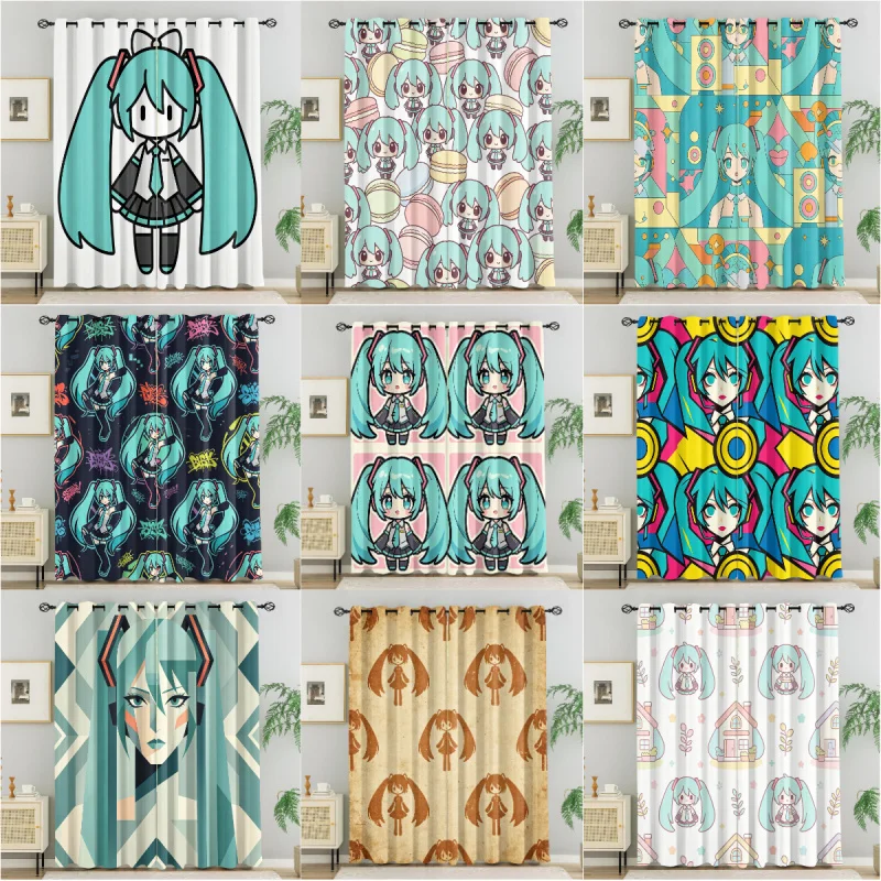 Cute Chibi Hatsune Miku Printed Curtains, 2 Pieces, 85% Blackout Thickened Curtains, Youth Living Room Decorative Curtains